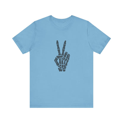 Skeleton Peace Hand Graphic T-Shirt – Gritty Dark Theme Grayscale Bones on Black Tee with Rebellious Calm and Modern Ghost Effect. Unisex Jersey Short Sleeve Tee