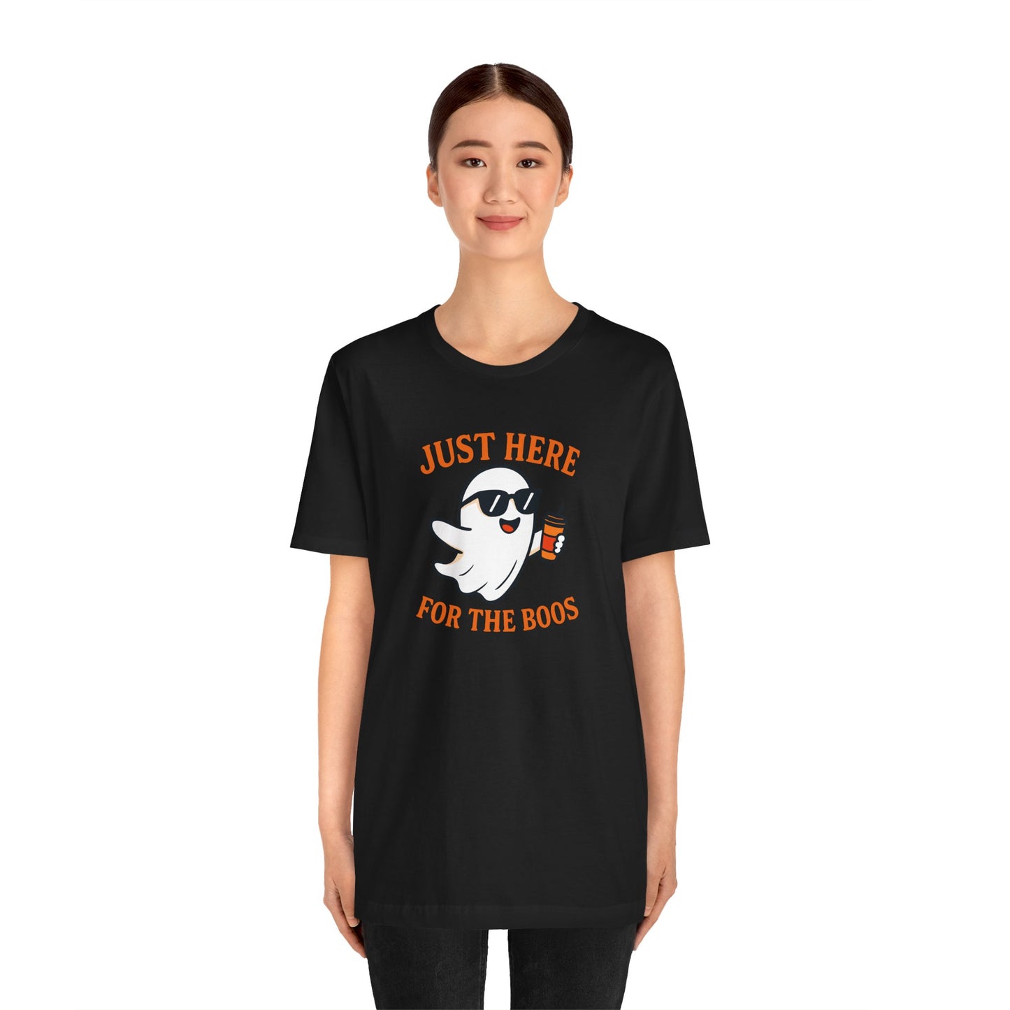 Just Here for the Boos Halloween Shirt – Funny Ghost Drinking Coffee Graphic Tee for Spooky Season
