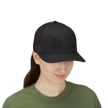 El Jefe Trucker Hat – Embroidered Bold Text Hat for Boss Energy, Leadership Style, and Latin Flair. Black Letters