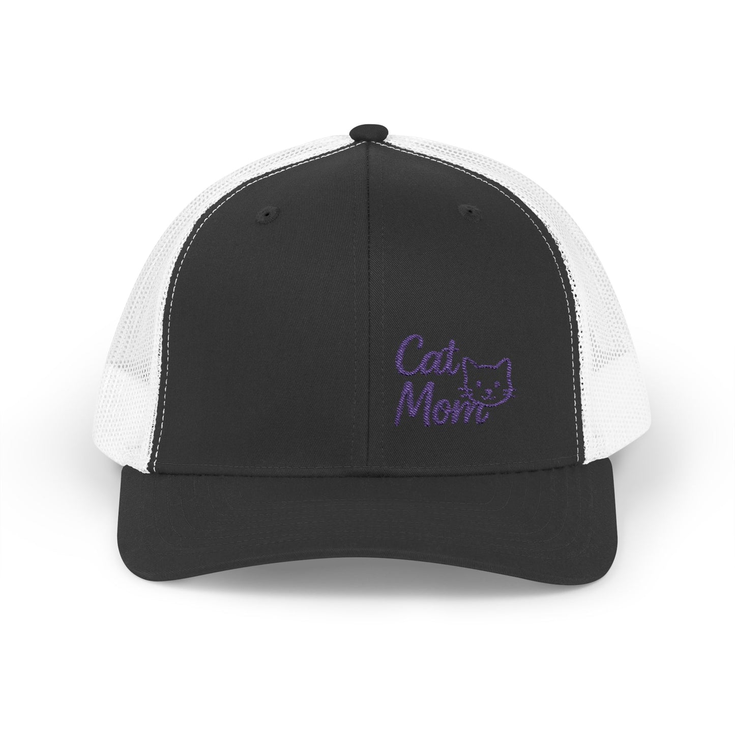 Cat Mom Trucker Hat – Embroidered Minimalist Cat Face Hat for Proud Pet Moms and Stylish Feline Fans. Purple Letters