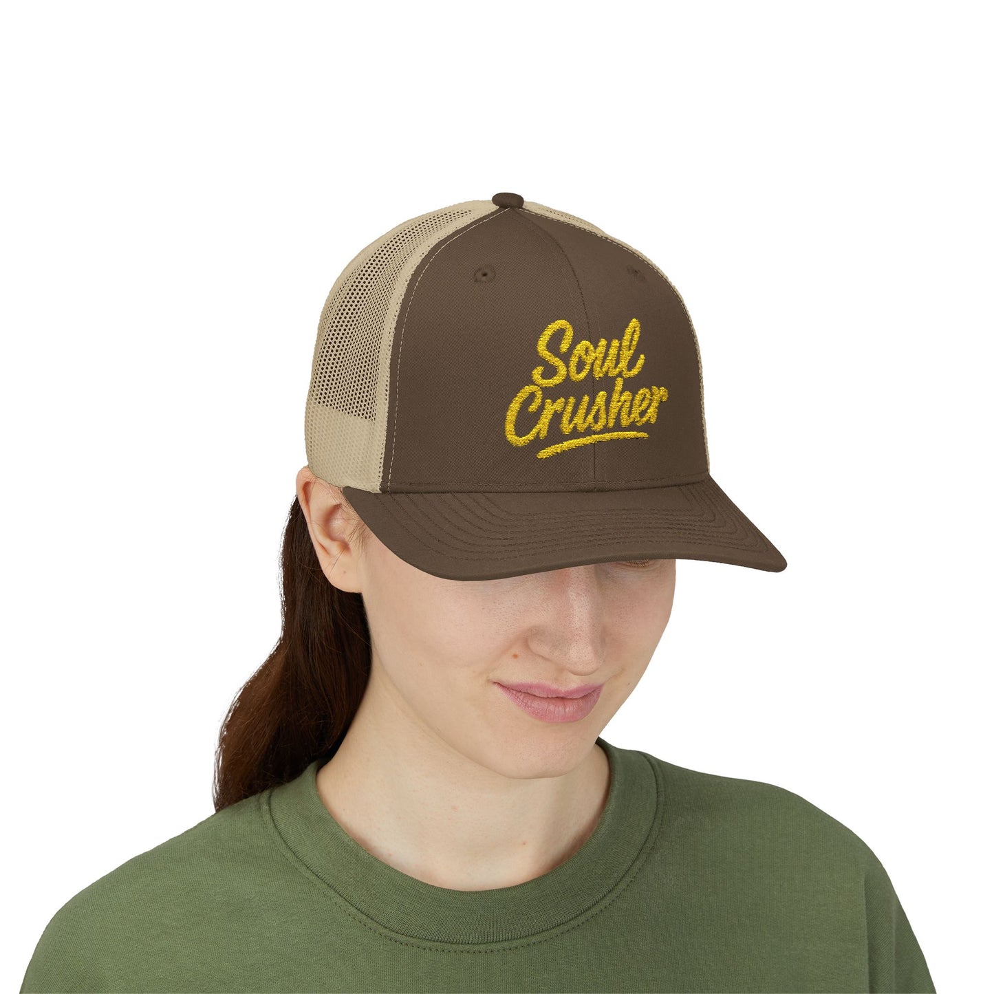 Soul Crusher Trucker Hat – Clean Script Hat with Bold Edge for Heartbreakers, Villains, and Power Moves. Yellow Letters