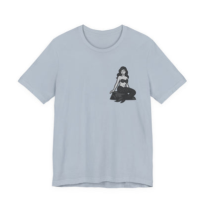 Mermaid Graphic T-Shirt – Dark Theme Grayscale Siren on Rock Design on Black Tee with Fantasy Vibes and Modern Ghost Effect. Unisex Jersey Short Sleeve Tee