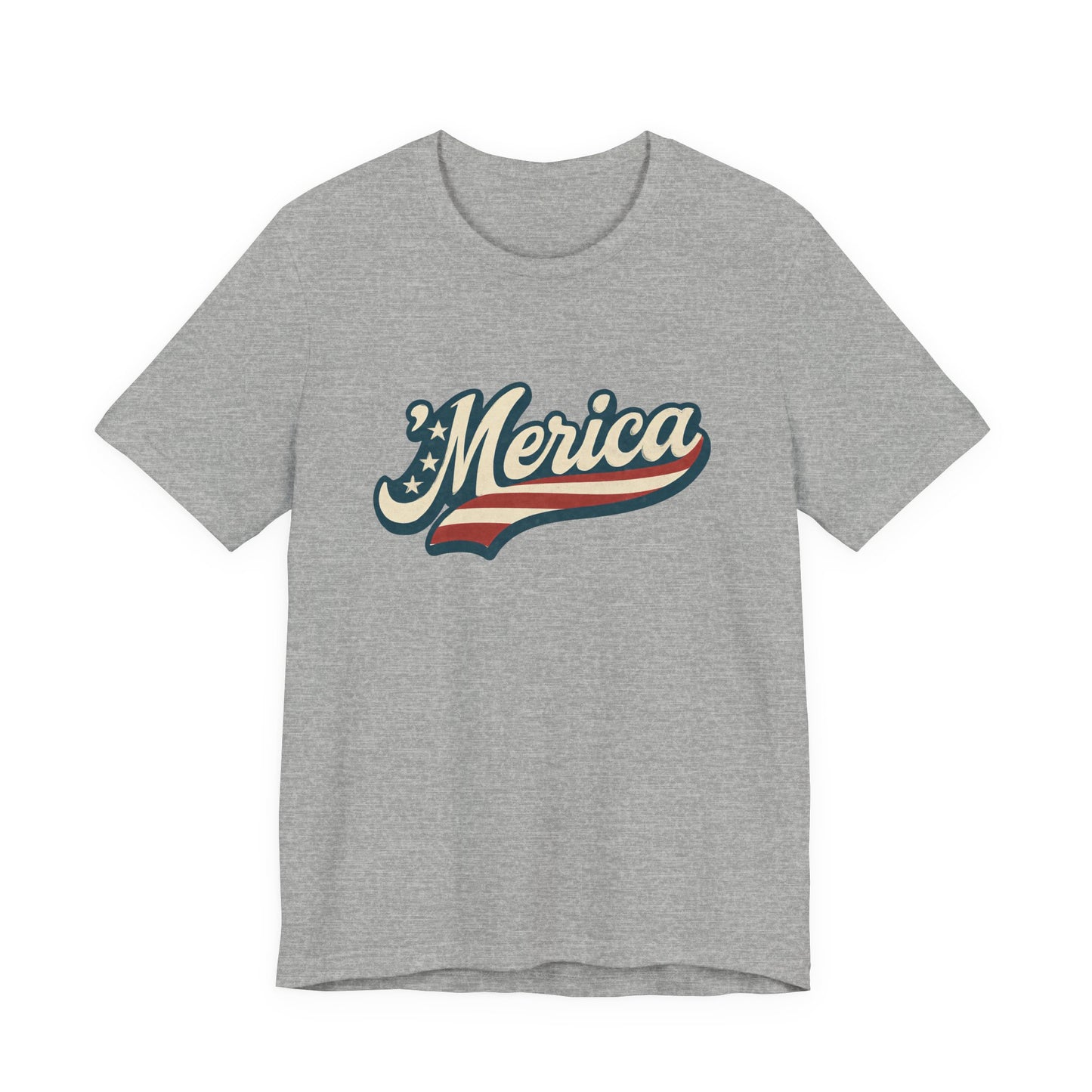 'Merica Vintage Script Shirt – Patriotic Retro USA Tee for 4th of July – Independence Day American Pride Design. Unisex Jersey Short Sleeve Tee