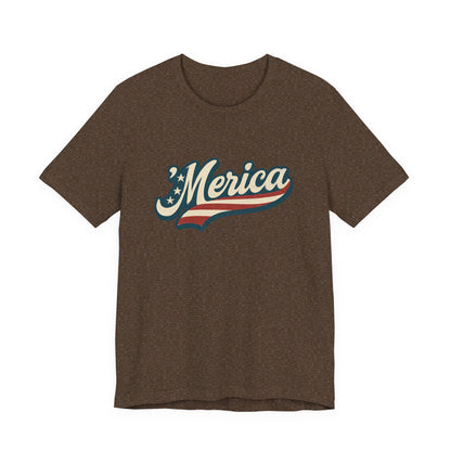 'Merica Vintage Script Shirt – Patriotic Retro USA Tee for 4th of July – Independence Day American Pride Design. Unisex Jersey Short Sleeve Tee