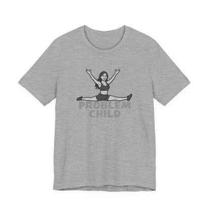 Problem Child Graphic Tee Cheerful Rebel Jump Pose in Bold Dark Theme Monochrome Style. Unisex Jersey Short Sleeve Tee