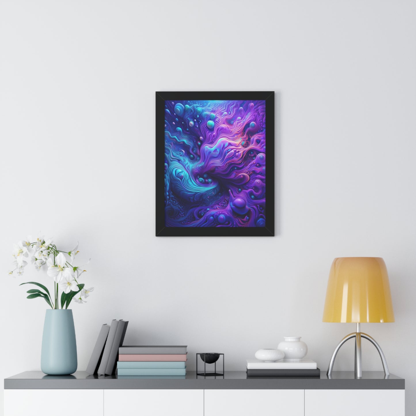 Ethereal Depths Abstract Art Framed Vertical Poster - Vibrant Purple and Blue Design for Home Decor