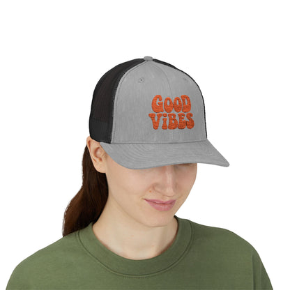 Good Vibes Trucker Hat – Embroidered Retro Text Hat for Positive Vibes, Chill Style, and Everyday Feel-Good Energy. Orange Letters