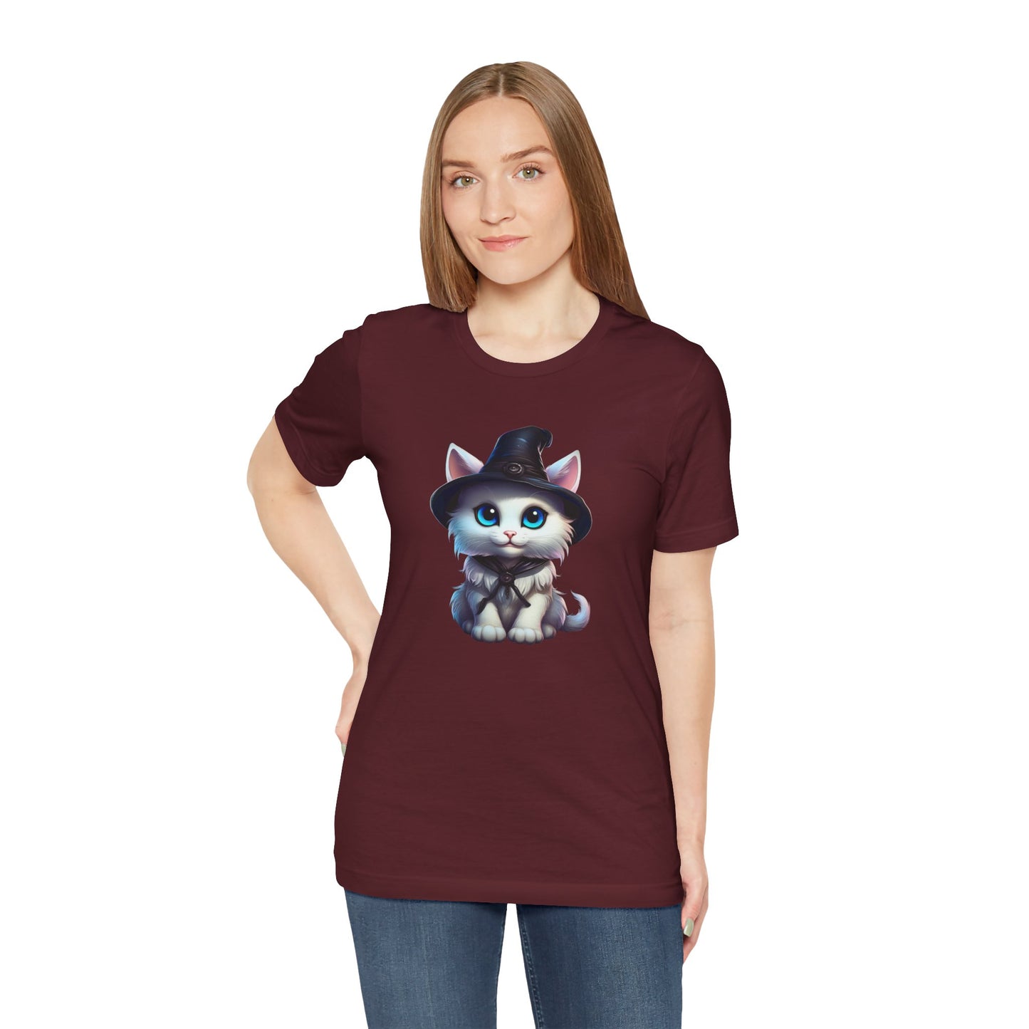Adorable Witch Cat Halloween Shirt – Cute White Cat in Hat Graphic Tee for Cat Lovers and Halloween Fans