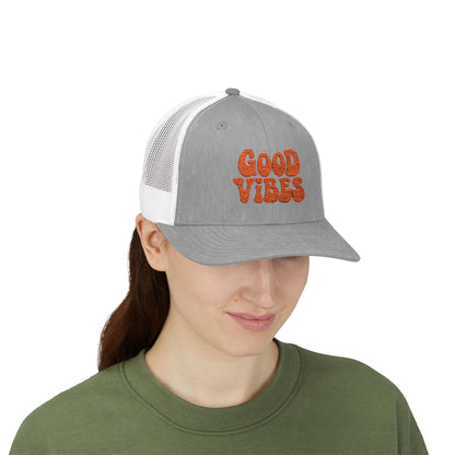 Good Vibes Trucker Hat – Embroidered Retro Text Hat for Positive Vibes, Chill Style, and Everyday Feel-Good Energy. Orange Letters