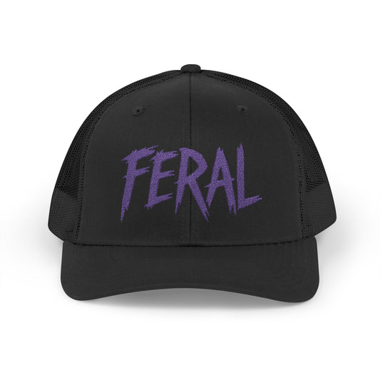 FERAL Embroidered Trucker Hat – Bold Statement Baseball Hat with Wild Energy Font for Rebels, Misfits, and Chaos Enthusiasts. Purple Letters.