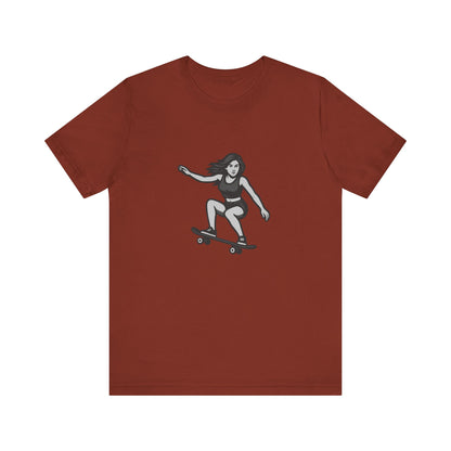 Skater Girl Graphic T-Shirt – Dark Theme Grayscale Skateboarding Design on Black Tee with Bold Motion and Modern Ghost Effect. Unisex Jersey Short Sleeve Tee