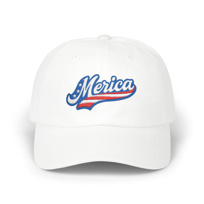 MERICA Embroidered Classic Dad Hat – Patriotic USA Hat with Bold Stars and Stripes Script Design for 4th of July and American Pride