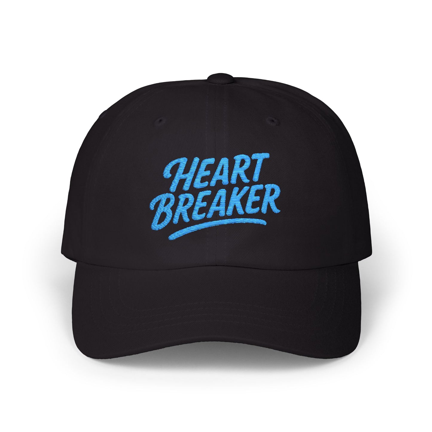 Heartbreaker Embroidered Classic Dad Hat – Bold Baseball Hat with Retro Script and Broken Heart Design for Confident Rule-Breakers. Blue Letters