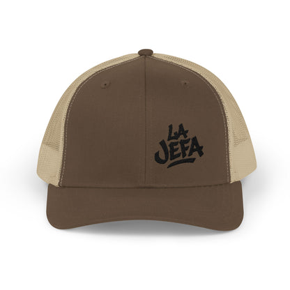 La Jefa Trucker Hat – Embroidered Latina Boss Hat for Bold Women. Black Letters