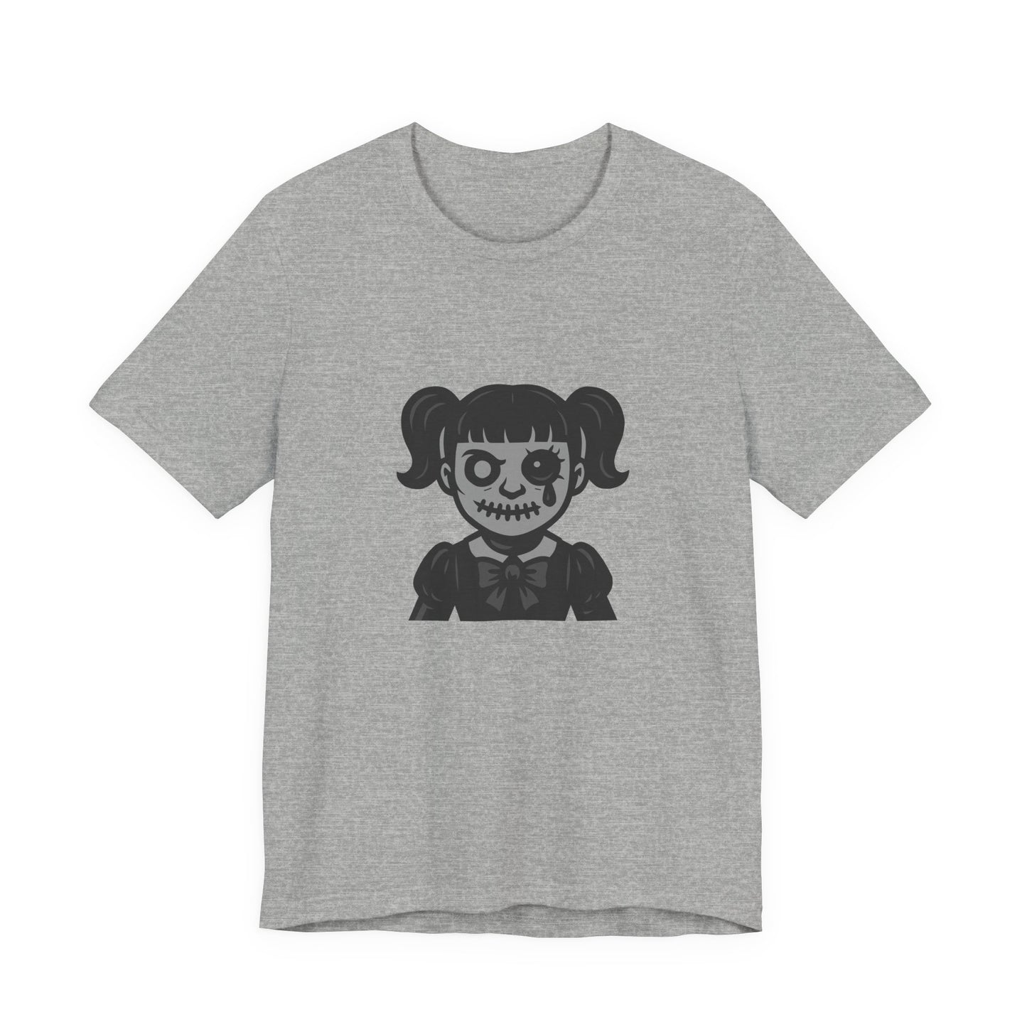 Scary Doll Graphic T-Shirt – Dark Theme Grayscale Creepy Cute Girl Design on Black Tee with Haunted Vibes and Modern Ghost Effect. Unisex Jersey Short Sleeve Tee