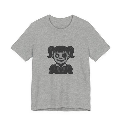 Scary Doll Graphic T-Shirt – Dark Theme Grayscale Creepy Cute Girl Design on Black Tee with Haunted Vibes and Modern Ghost Effect. Unisex Jersey Short Sleeve Tee
