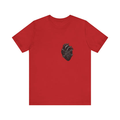 Heart in Chains Shirt – Dark Theme Anatomical Heart Wrapped in Barbed Wire and Commitment Issues. Unisex Jersey Short Sleeve Tee
