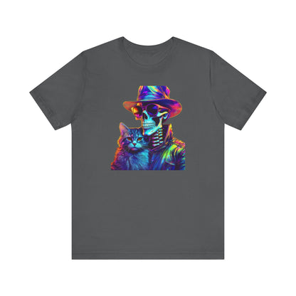 Cool Skeleton and Cat Halloween Shirt – Neon Retro Horror Graphic Tee for Spooky Style and Cat Lovers
