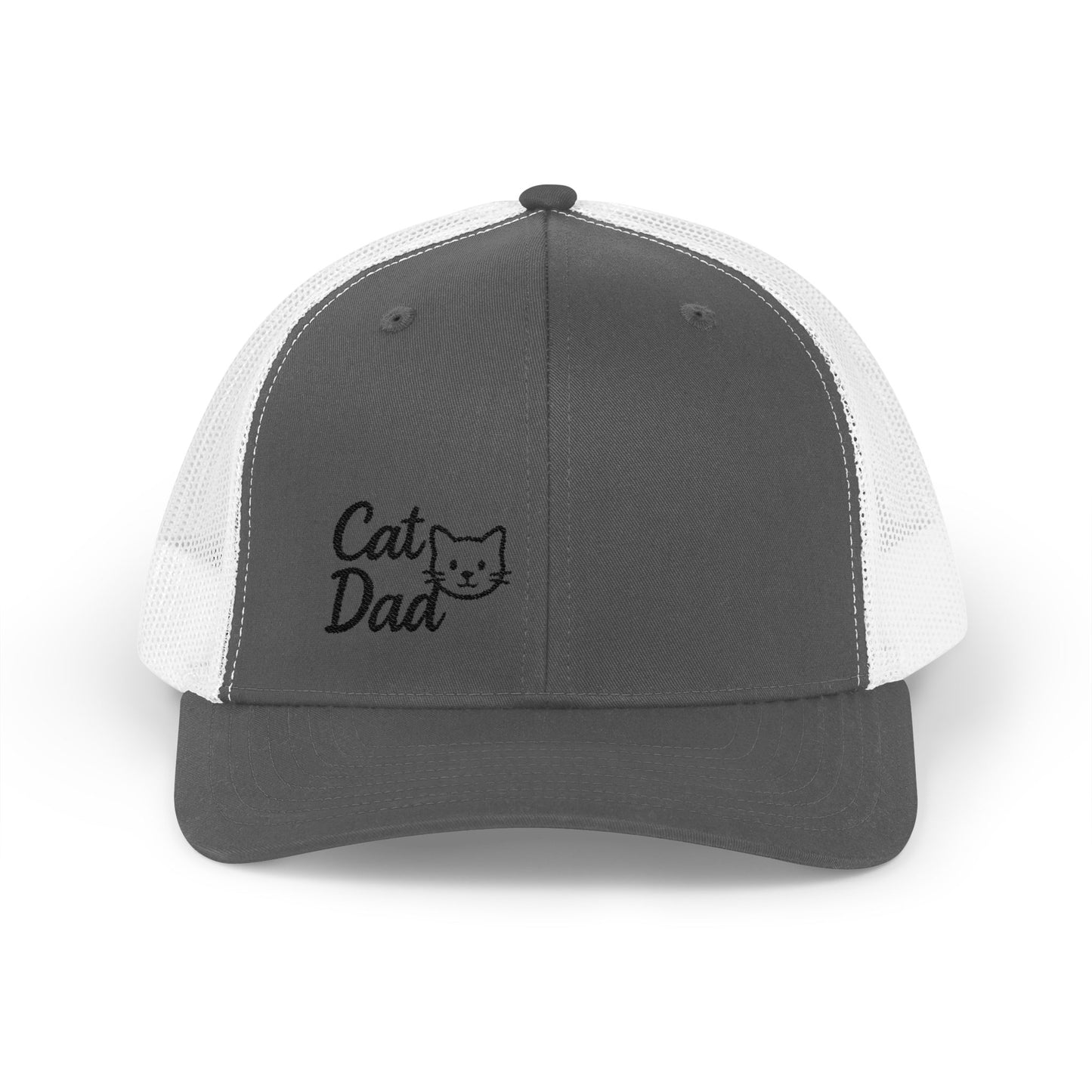 Cat Dad Trucker Hat – Embroidered Minimalist Cat Face Hat for Proud Pet Dads and Feline Fans. Black Letters