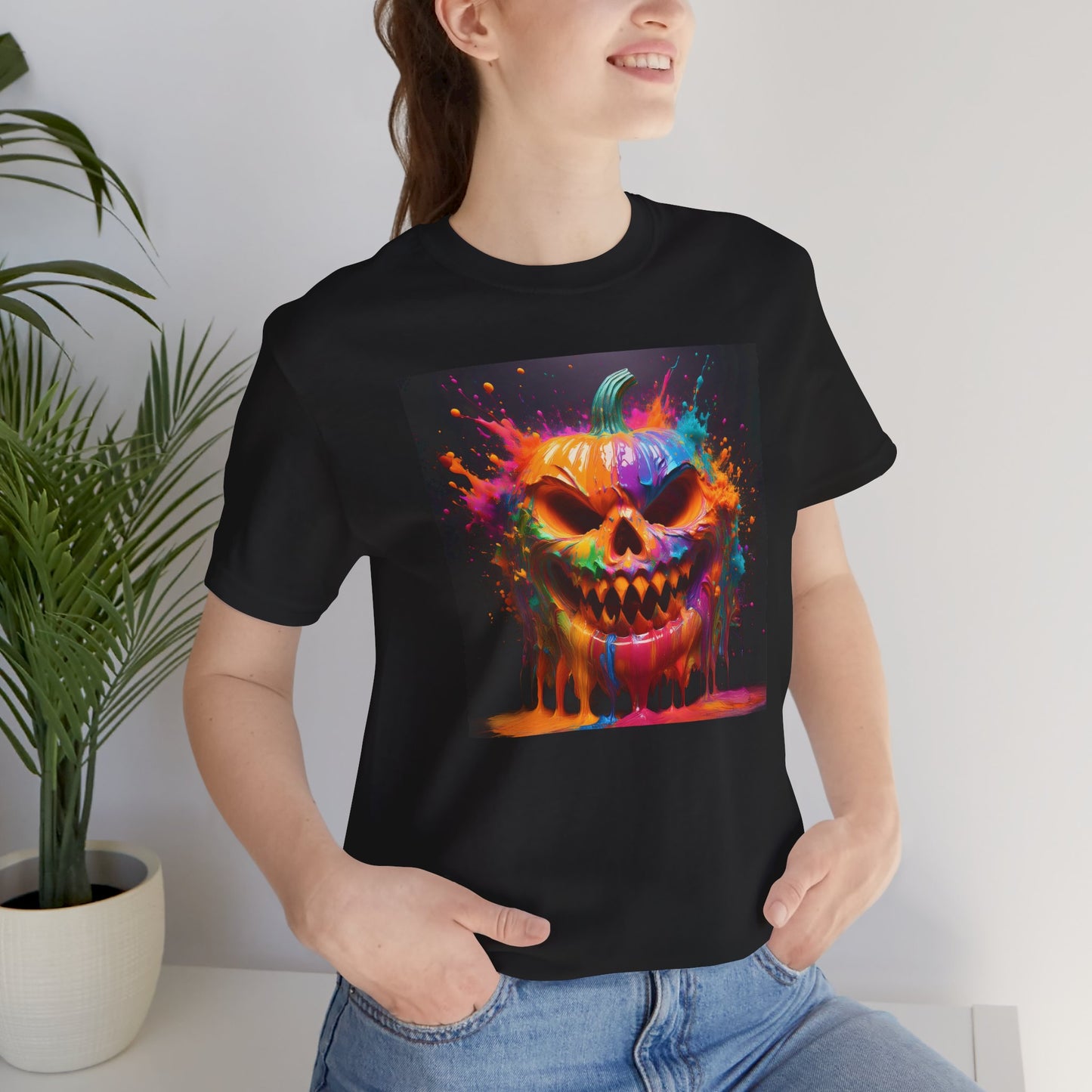 Neon Splatter Pumpkin Halloween Shirt – Vibrant Dripping Jack-o’-Lantern Graphic Tee for Bold Spooky Style