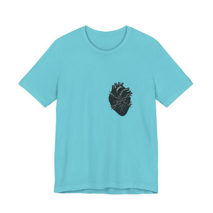 Heart in Chains Shirt – Dark Theme Anatomical Heart Wrapped in Barbed Wire and Commitment Issues. Unisex Jersey Short Sleeve Tee