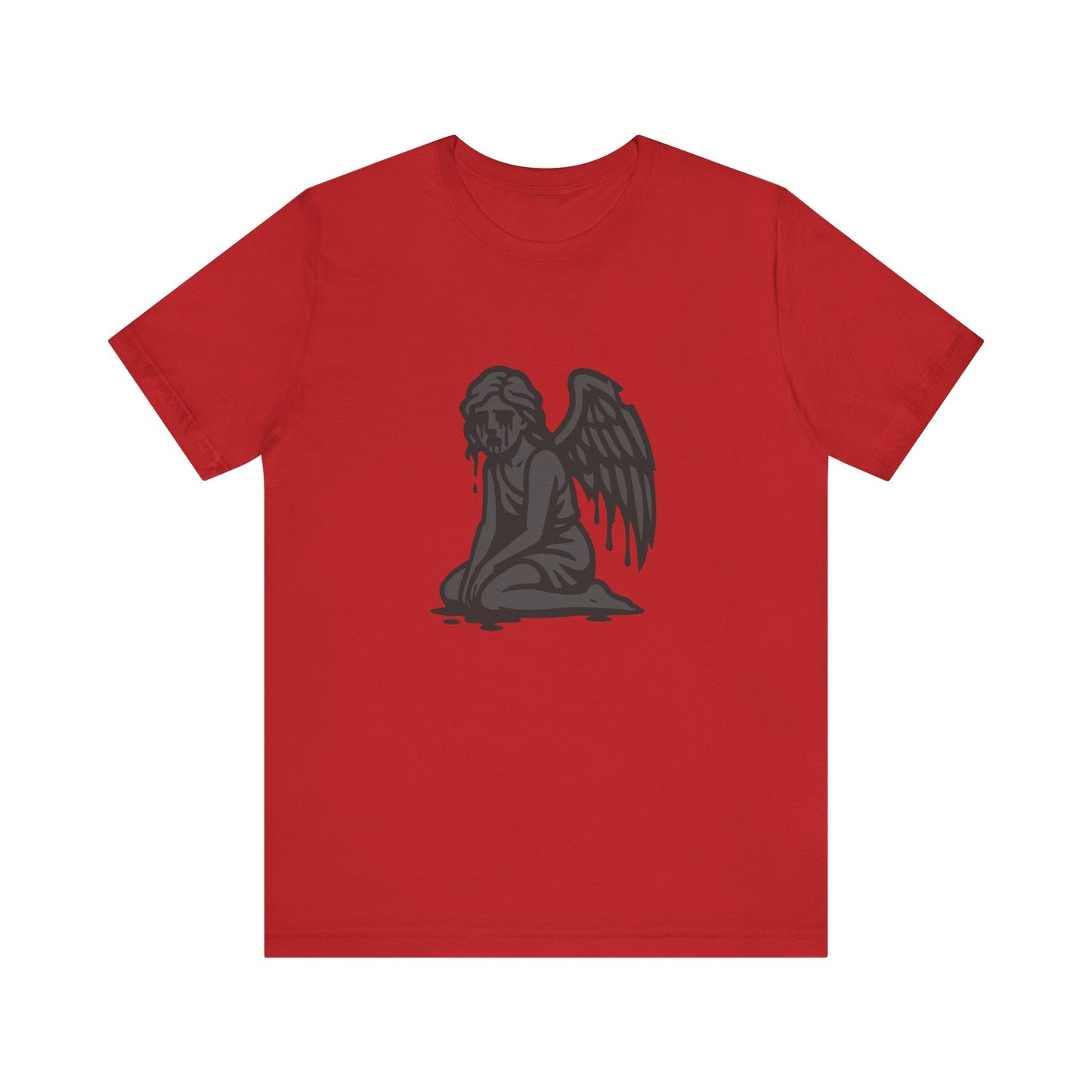 Fallen Angel Dark Theme Graphic T-Shirt – Dark Grayscale Crying Angel Design on Black Tee with Gothic Mood and Modern Ghost Effect. Unisex Jersey Short Sleeve Tee