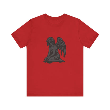 Fallen Angel Dark Theme Graphic T-Shirt – Dark Grayscale Crying Angel Design on Black Tee with Gothic Mood and Modern Ghost Effect. Unisex Jersey Short Sleeve Tee