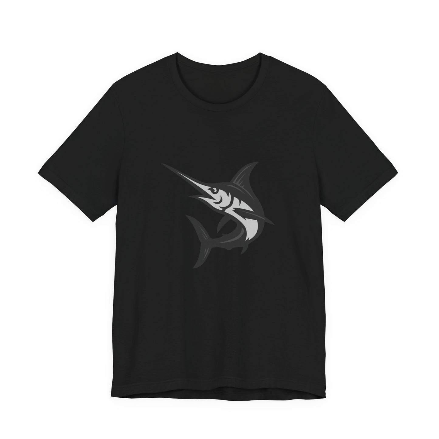 Swordfish Graphic T-Shirt – Dark Theme Grayscale Ocean Predator Design on Black Tee with Streamlined Power and Modern Ghost Effect. Unisex Jersey Short Sleeve Tee