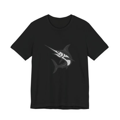 Swordfish Graphic T-Shirt – Dark Theme Grayscale Ocean Predator Design on Black Tee with Streamlined Power and Modern Ghost Effect. Unisex Jersey Short Sleeve Tee