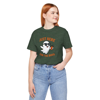 Just Here for the Boos Halloween Shirt – Funny Ghost Drinking Coffee Graphic Tee for Spooky Season
