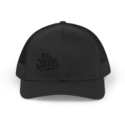 El Jefe Trucker Hat – Embroidered Bold Text Hat for Boss Energy, Leadership Style, and Latin Flair. Black Letters