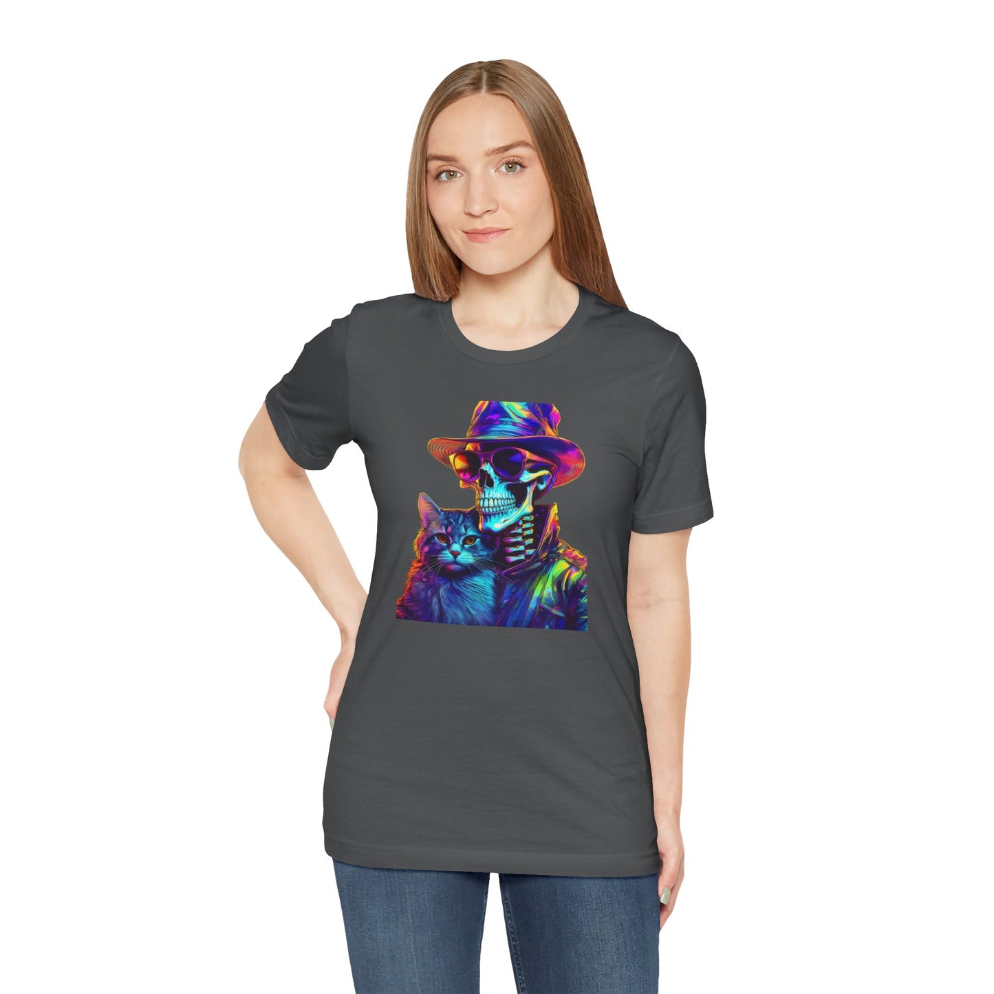 Cool Skeleton and Cat Halloween Shirt – Neon Retro Horror Graphic Tee for Spooky Style and Cat Lovers