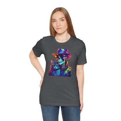Cool Skeleton and Cat Halloween Shirt – Neon Retro Horror Graphic Tee for Spooky Style and Cat Lovers