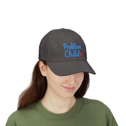 Problem Child Embroidered Classic Dad Hat – Bold Script Baseball Hat with Red Heart for the Unruly and Unapologetic. Blue Letters