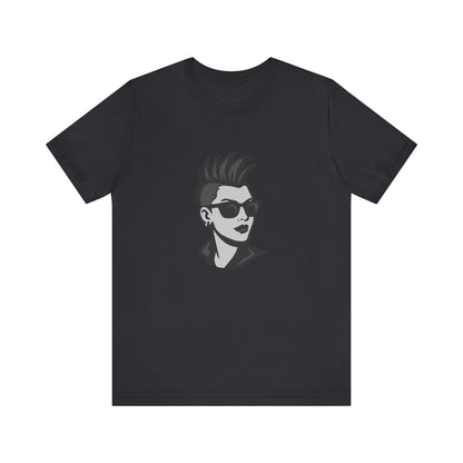 Punk Girl Graphic T-Shirt – Dark Theme Grayscale Spiked Hair Portrait on Black Tee with Bold Energy and Modern Ghost Effect. Unisex Jersey Short Sleeve Tee
