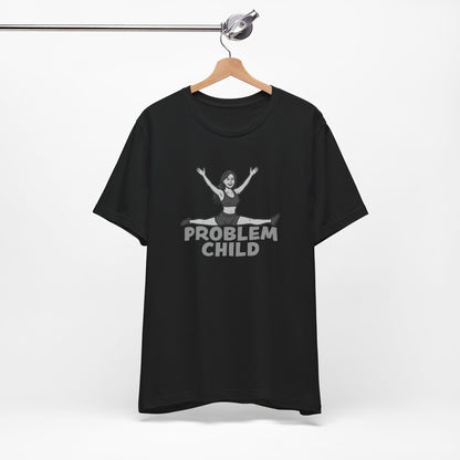 Problem Child Graphic Tee Cheerful Rebel Jump Pose in Bold Dark Theme Monochrome Style. Unisex Jersey Short Sleeve Tee