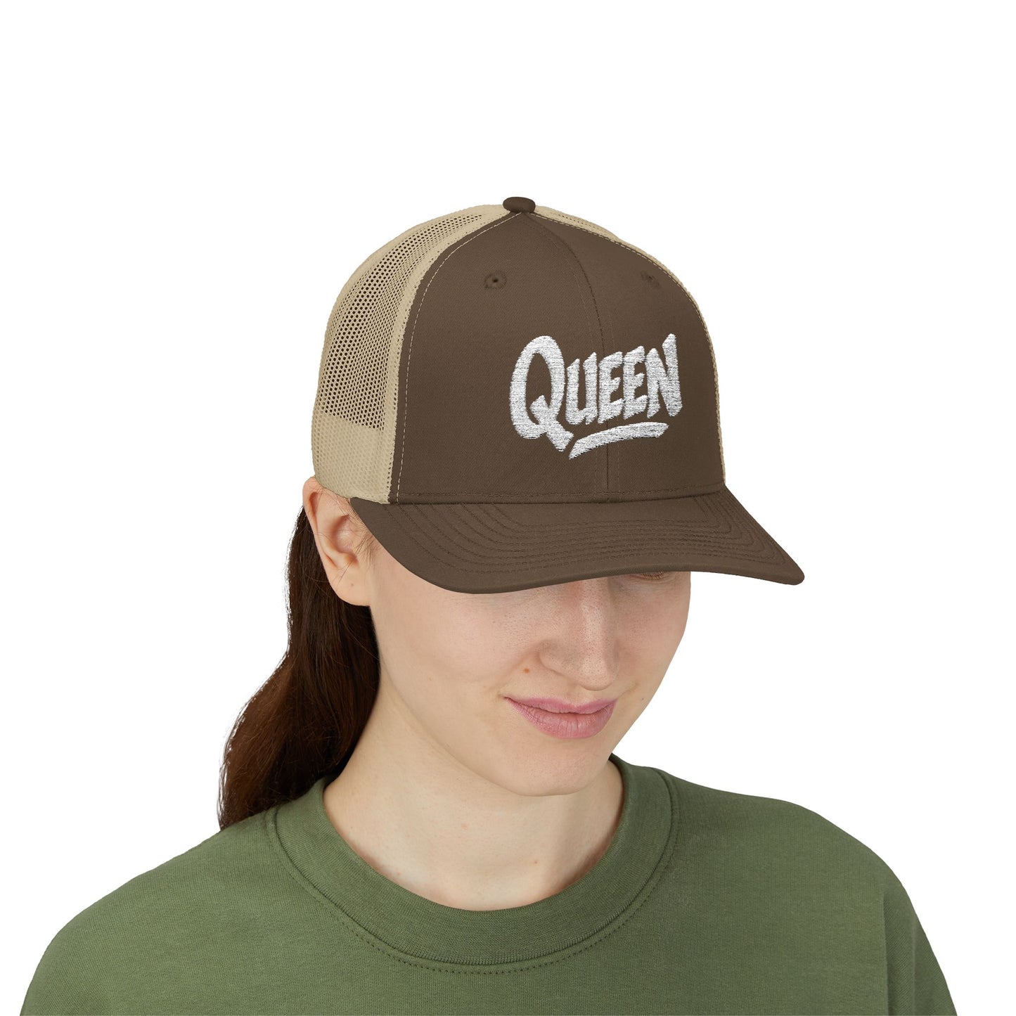 Queen Trucker Hat – Embroidered Crown Hat for Confident Women. White Letters
