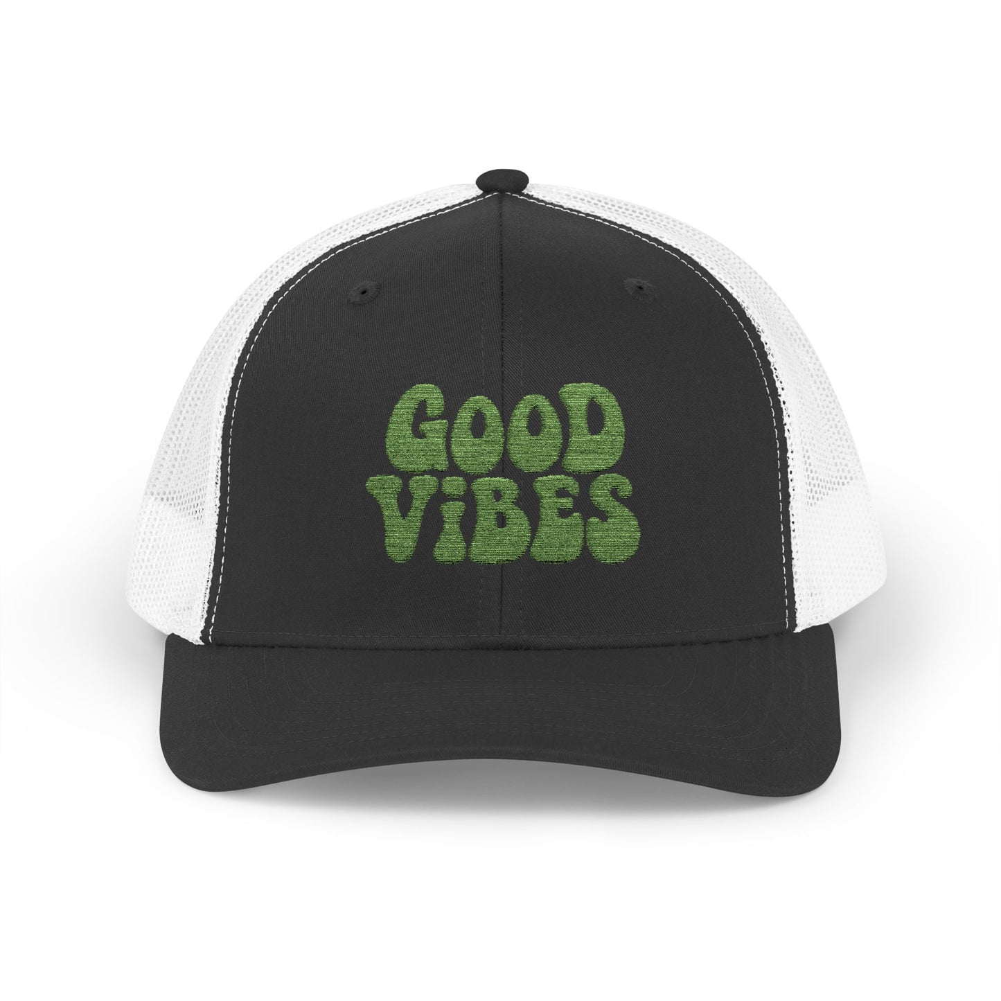 Good Vibes Trucker Hat – Embroidered Retro Text Hat for Positive Vibes, Chill Style, and Everyday Feel-Good Energy. Green Letters