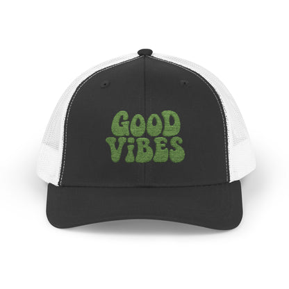 Good Vibes Trucker Hat – Embroidered Retro Text Hat for Positive Vibes, Chill Style, and Everyday Feel-Good Energy. Green Letters
