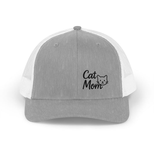 Cat Mom Trucker Hat – Embroidered Minimalist Cat Face Hat for Proud Pet Moms and Stylish Feline Fans. Black Letters