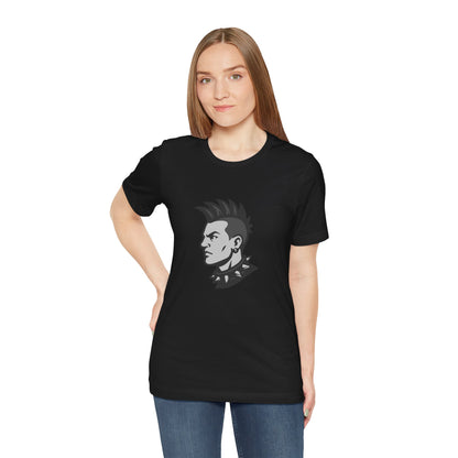 Punk Guy Graphic T-Shirt – Dark Theme Grayscale Mohawk Portrait on Black Tee with Attitude and Subtle Modern Ghost Effect. Unisex Jersey Short Sleeve Tee