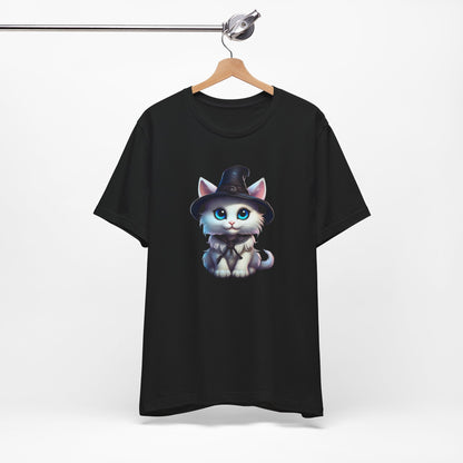Adorable Witch Cat Halloween Shirt – Cute White Cat in Hat Graphic Tee for Cat Lovers and Halloween Fans