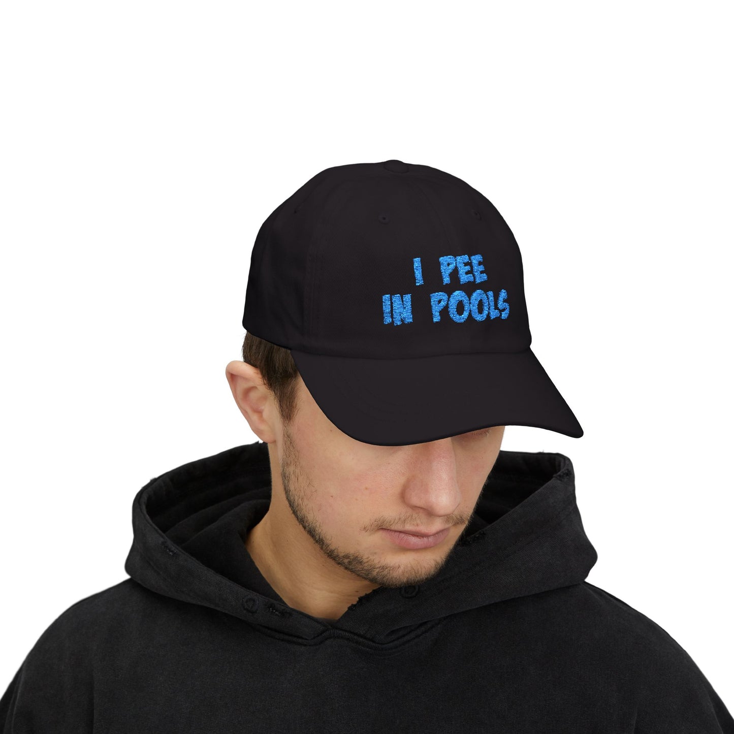 I Pee In Pools Embroidered Classic Dad Hat – Funny Baseball Hat with Bold Blue Text for Lifeguard Terrors and Poolside Menaces