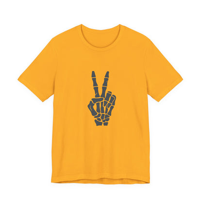 Skeleton Peace Hand Graphic T-Shirt – Gritty Dark Theme Grayscale Bones on Black Tee with Rebellious Calm and Modern Ghost Effect. Unisex Jersey Short Sleeve Tee