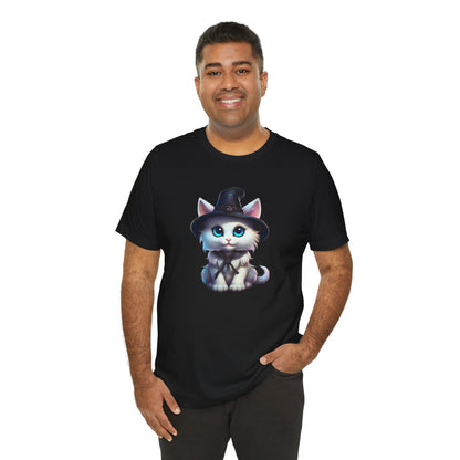 Adorable Witch Cat Halloween Shirt – Cute White Cat in Hat Graphic Tee for Cat Lovers and Halloween Fans