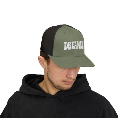 Dreamer Trucker Hat – Embroidered Minimalist Script Hat for Visionaries, Creatives, and Chill Daydreamers. White Letters