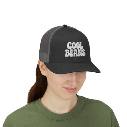 Cool Beans Trucker Hat – Embroidered Funny Minimalist Hat for Dry Humor and Casual Vibes. White Letters