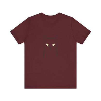Ghost Cat Eyes Tee – Dark Theme Black Cat Outline with Transparent Face and Glowing Stare. Unisex Jersey Short Sleeve Tee