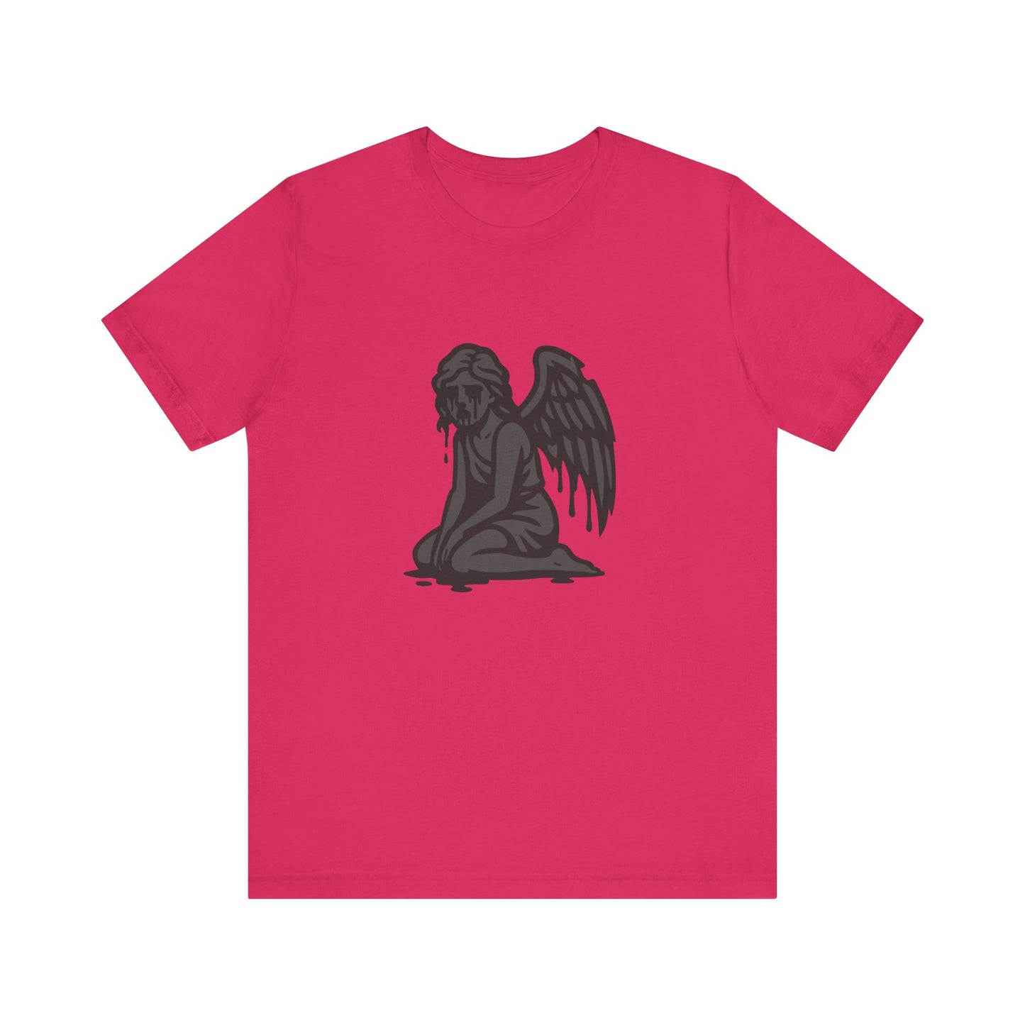 Fallen Angel Dark Theme Graphic T-Shirt – Dark Grayscale Crying Angel Design on Black Tee with Gothic Mood and Modern Ghost Effect. Unisex Jersey Short Sleeve Tee