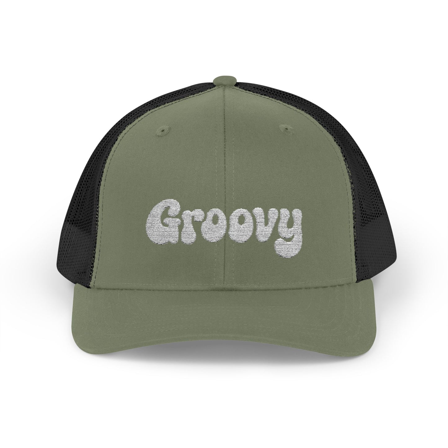 Groovy Trucker Hat – Retro Embroidered Hat with 70s Style Font for Funky Vibes, Chill Days, and Vintage Cool. White Letters